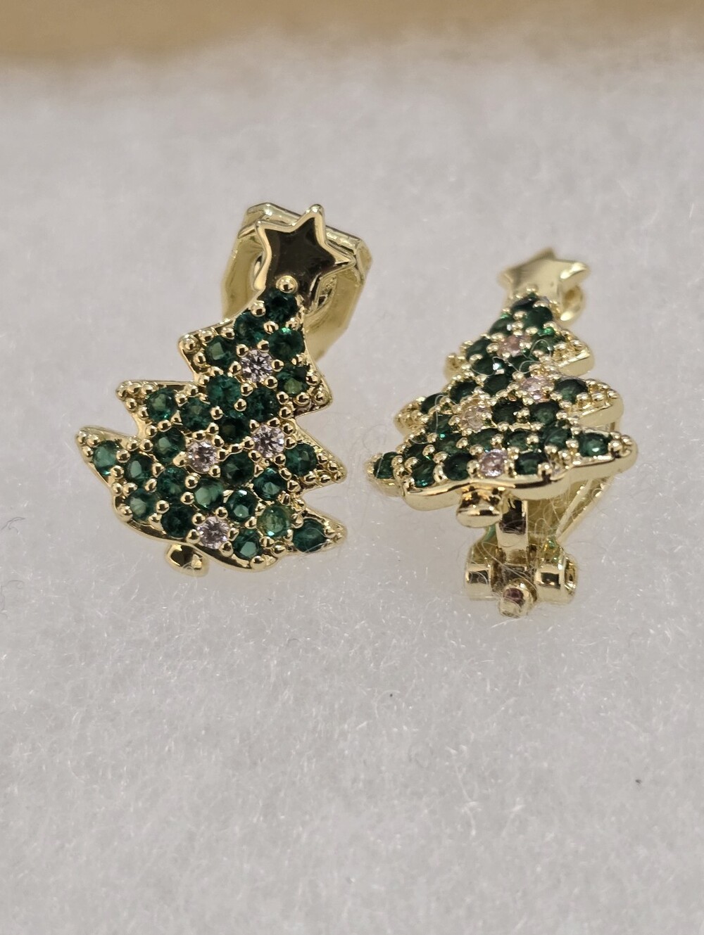 Young Girl Clip Gold-Tone Green Crystal Christmas Tree Earrings